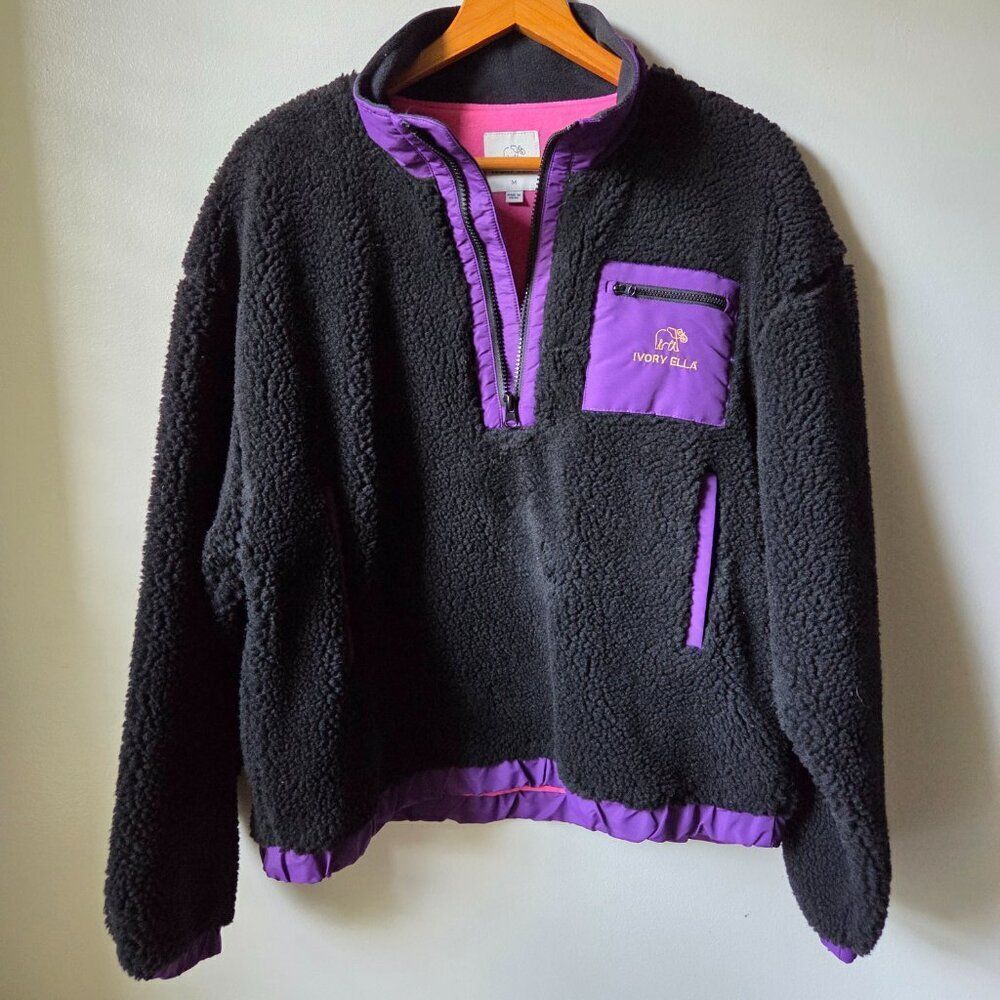 NWT IVORY ELLA BLACK / PURPLE SHERPA HALF ZIP MOCKNECK SWEATER SIZE M